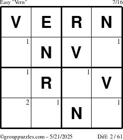 The grouppuzzles.com Easy Vern puzzle for Wednesday May 21, 2025 with the first 2 steps marked
