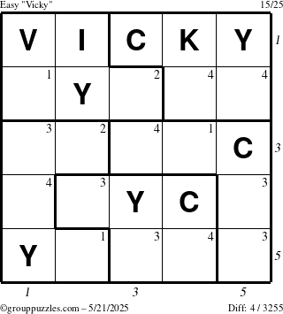 The grouppuzzles.com Easy Vicky puzzle for Wednesday May 21, 2025 with all 4 steps marked