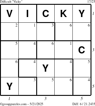 The grouppuzzles.com Difficult Vicky puzzle for Wednesday May 21, 2025 with all 6 steps marked