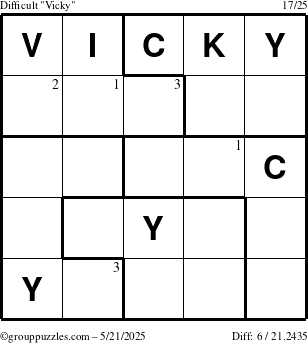 The grouppuzzles.com Difficult Vicky puzzle for Wednesday May 21, 2025 with the first 3 steps marked