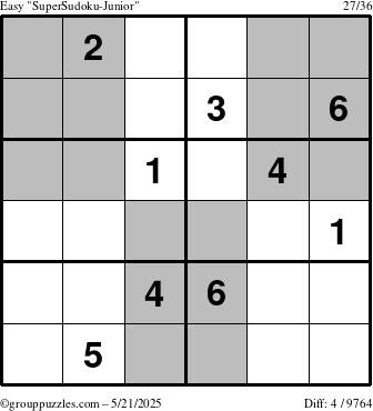 The grouppuzzles.com Easy SuperSudoku-Junior puzzle for Wednesday May 21, 2025