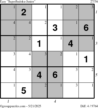 The grouppuzzles.com Easy SuperSudoku-Junior puzzle for Wednesday May 21, 2025 with all 4 steps marked