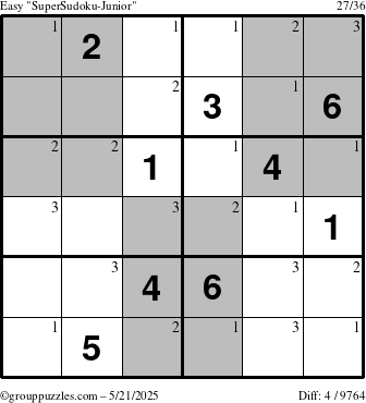 The grouppuzzles.com Easy SuperSudoku-Junior puzzle for Wednesday May 21, 2025 with the first 3 steps marked