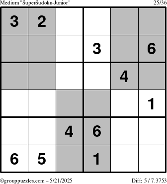 The grouppuzzles.com Medium SuperSudoku-Junior puzzle for Wednesday May 21, 2025
