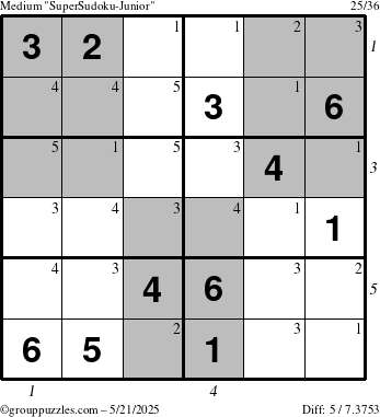 The grouppuzzles.com Medium SuperSudoku-Junior puzzle for Wednesday May 21, 2025 with all 5 steps marked