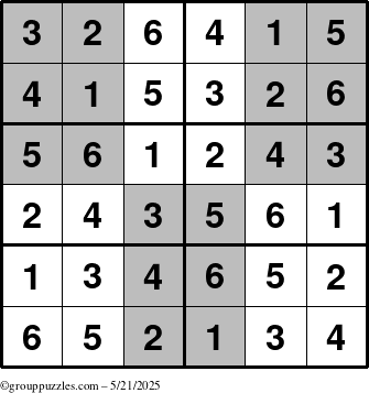 The grouppuzzles.com Answer grid for the SuperSudoku-Junior puzzle for Wednesday May 21, 2025