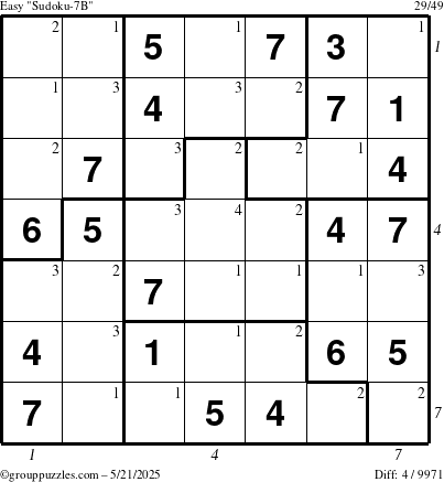 The grouppuzzles.com Easy Sudoku-7B puzzle for Wednesday May 21, 2025 with all 4 steps marked