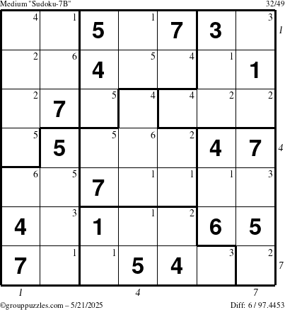 The grouppuzzles.com Medium Sudoku-7B puzzle for Wednesday May 21, 2025 with all 6 steps marked