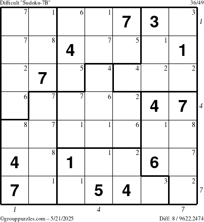 The grouppuzzles.com Difficult Sudoku-7B puzzle for Wednesday May 21, 2025 with all 8 steps marked