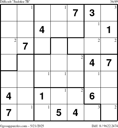 The grouppuzzles.com Difficult Sudoku-7B puzzle for Wednesday May 21, 2025 with the first 3 steps marked