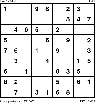 The grouppuzzles.com Easy Sudoku puzzle for Wednesday May 21, 2025