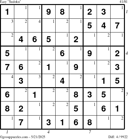 The grouppuzzles.com Easy Sudoku puzzle for Wednesday May 21, 2025 with all 4 steps marked
