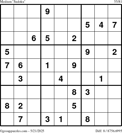 The grouppuzzles.com Medium Sudoku puzzle for Wednesday May 21, 2025