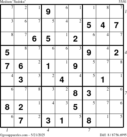 The grouppuzzles.com Medium Sudoku puzzle for Wednesday May 21, 2025 with all 8 steps marked