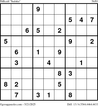 The grouppuzzles.com Difficult Sudoku puzzle for Wednesday May 21, 2025