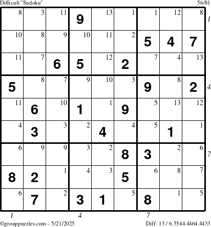The grouppuzzles.com Difficult Sudoku puzzle for Wednesday May 21, 2025 with all 13 steps marked