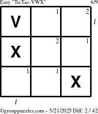 The grouppuzzles.com Easy TicTac-VWX puzzle for Wednesday May 21, 2025 with all 2 steps marked