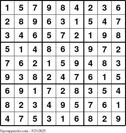 The grouppuzzles.com Answer grid for the Sudoku puzzle for Wednesday May 21, 2025