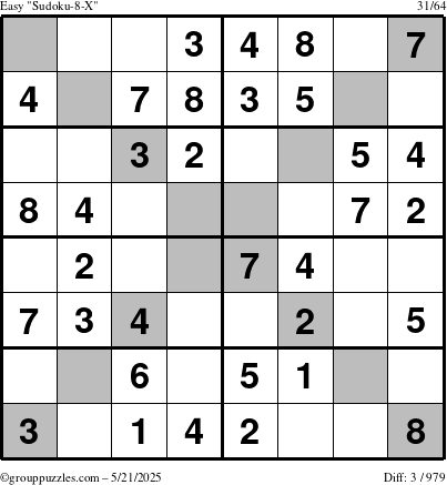 The grouppuzzles.com Easy Sudoku-8-X puzzle for Wednesday May 21, 2025