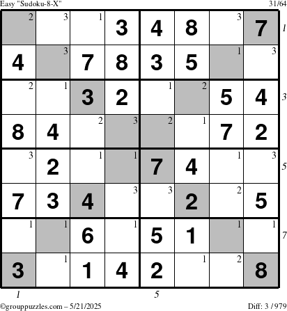 The grouppuzzles.com Easy Sudoku-8-X puzzle for Wednesday May 21, 2025 with all 3 steps marked