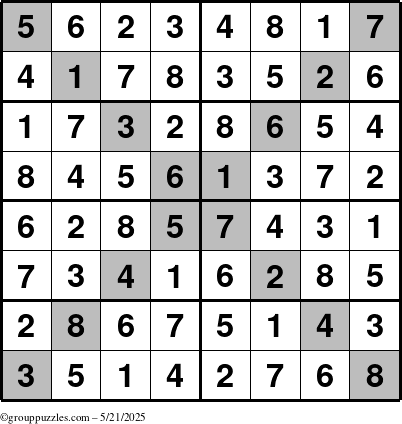 The grouppuzzles.com Answer grid for the Sudoku-8-X puzzle for Wednesday May 21, 2025