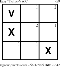 The grouppuzzles.com Easy TicTac-VWX puzzle for Wednesday May 21, 2025 with the first 2 steps marked