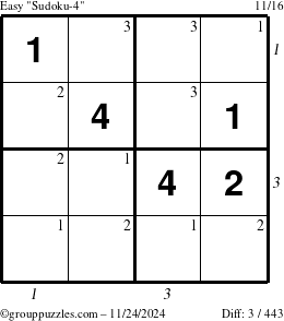 The grouppuzzles.com Easy Sudoku-4 puzzle for Sunday November 24, 2024, suitable for printing, with all 3 steps marked