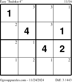 The grouppuzzles.com Easy Sudoku-4 puzzle for Sunday November 24, 2024 with the first 3 steps marked