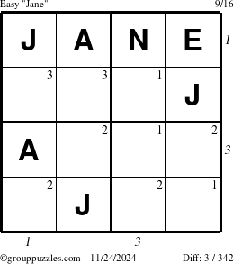 The grouppuzzles.com Easy Jane puzzle for Sunday November 24, 2024 with all 3 steps marked