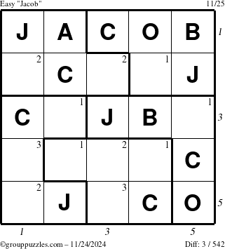 The grouppuzzles.com Easy Jacob puzzle for Sunday November 24, 2024 with all 3 steps marked