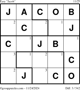 The grouppuzzles.com Easy Jacob puzzle for Sunday November 24, 2024 with the first 3 steps marked