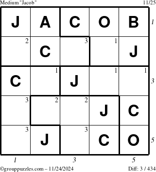 The grouppuzzles.com Medium Jacob puzzle for Sunday November 24, 2024 with all 3 steps marked