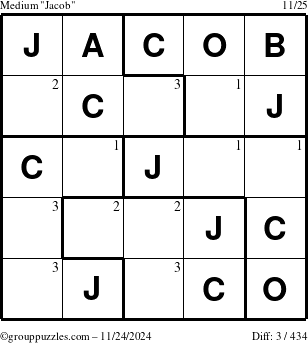 The grouppuzzles.com Medium Jacob puzzle for Sunday November 24, 2024 with the first 3 steps marked