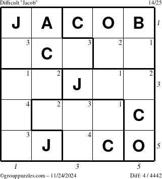 The grouppuzzles.com Difficult Jacob puzzle for Sunday November 24, 2024 with all 4 steps marked