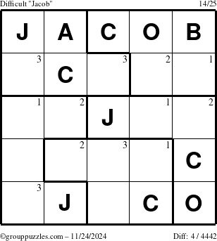 The grouppuzzles.com Difficult Jacob puzzle for Sunday November 24, 2024 with the first 3 steps marked