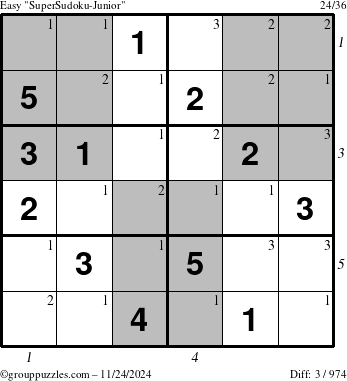 The grouppuzzles.com Easy SuperSudoku-Junior puzzle for Sunday November 24, 2024 with all 3 steps marked