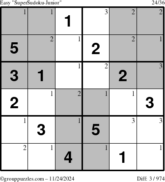 The grouppuzzles.com Easy SuperSudoku-Junior puzzle for Sunday November 24, 2024 with the first 3 steps marked