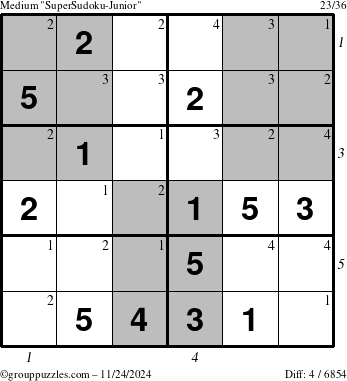 The grouppuzzles.com Medium SuperSudoku-Junior puzzle for Sunday November 24, 2024 with all 4 steps marked