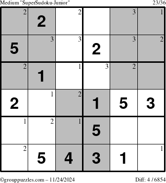 The grouppuzzles.com Medium SuperSudoku-Junior puzzle for Sunday November 24, 2024 with the first 3 steps marked