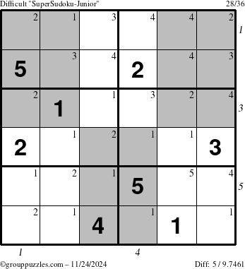 The grouppuzzles.com Difficult SuperSudoku-Junior puzzle for Sunday November 24, 2024 with all 5 steps marked