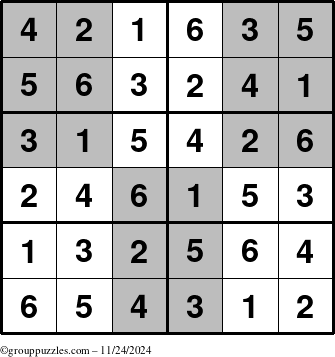 The grouppuzzles.com Answer grid for the SuperSudoku-Junior puzzle for Sunday November 24, 2024