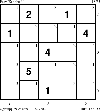 The grouppuzzles.com Easy Sudoku-5 puzzle for Sunday November 24, 2024 with all 4 steps marked