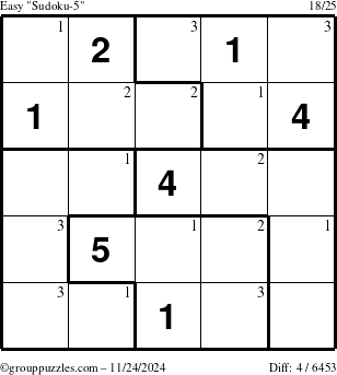 The grouppuzzles.com Easy Sudoku-5 puzzle for Sunday November 24, 2024 with the first 3 steps marked