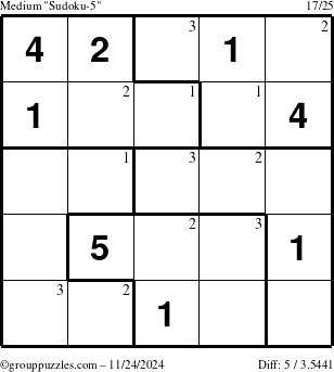 The grouppuzzles.com Medium Sudoku-5 puzzle for Sunday November 24, 2024 with the first 3 steps marked