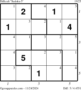 The grouppuzzles.com Difficult Sudoku-5 puzzle for Sunday November 24, 2024 with all 5 steps marked