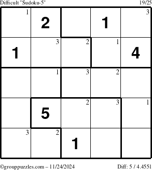 The grouppuzzles.com Difficult Sudoku-5 puzzle for Sunday November 24, 2024 with the first 3 steps marked