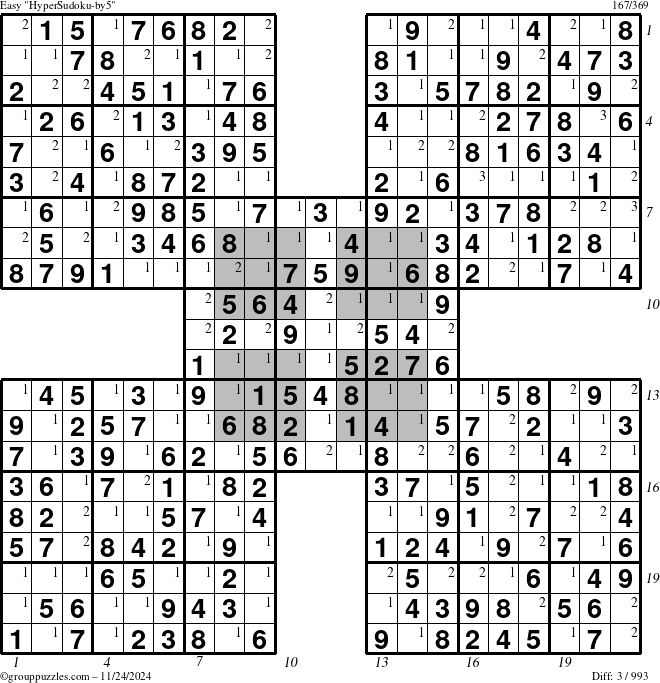 The grouppuzzles.com Easy HyperSudoku-by5 puzzle for Sunday November 24, 2024 with all 3 steps marked