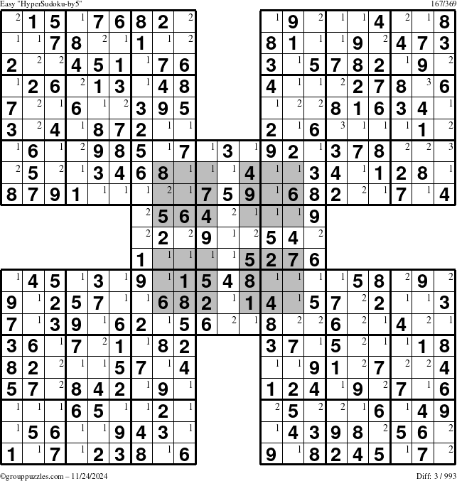 The grouppuzzles.com Easy HyperSudoku-by5 puzzle for Sunday November 24, 2024 with the first 3 steps marked