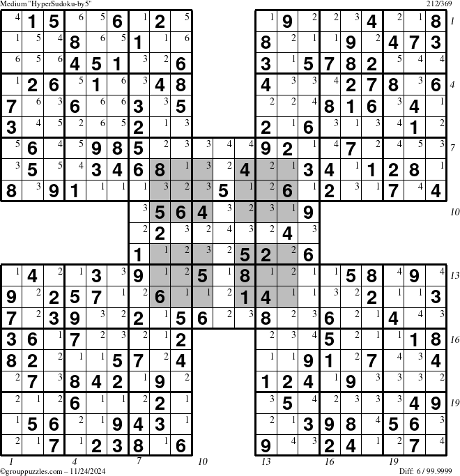 The grouppuzzles.com Medium HyperSudoku-by5 puzzle for Sunday November 24, 2024 with all 6 steps marked