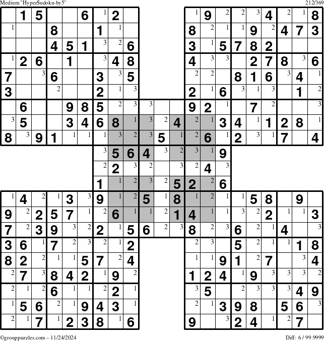 The grouppuzzles.com Medium HyperSudoku-by5 puzzle for Sunday November 24, 2024 with the first 3 steps marked